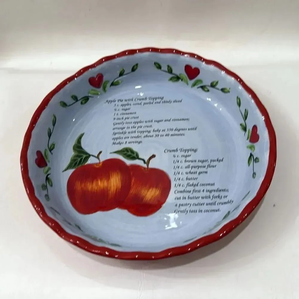 Pie Dish Red Blue Ceramic Baking Serving Cookware Recipe 9 3/4 X 1 3/4 In Tall